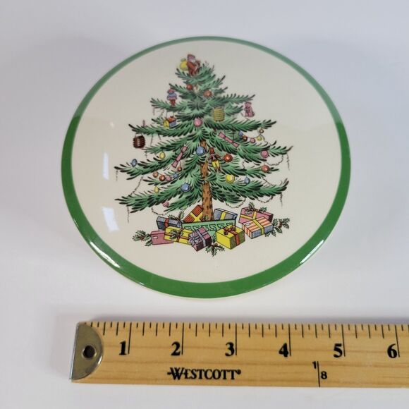 Green White Spode Christmas Tree Porcelain Round 5” Trinket Powder Box England - Picture 13 of 14